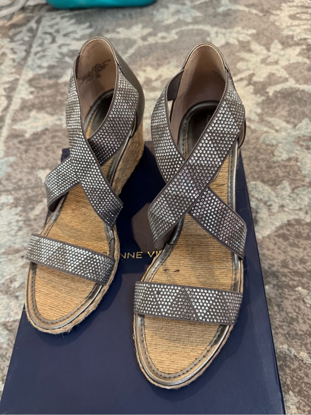 Adrienne Vittadini Silver Rhinestone Crisscross Wedge Sandals